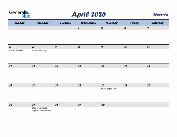 April 2026 Calendar with Holidays in Slovenia