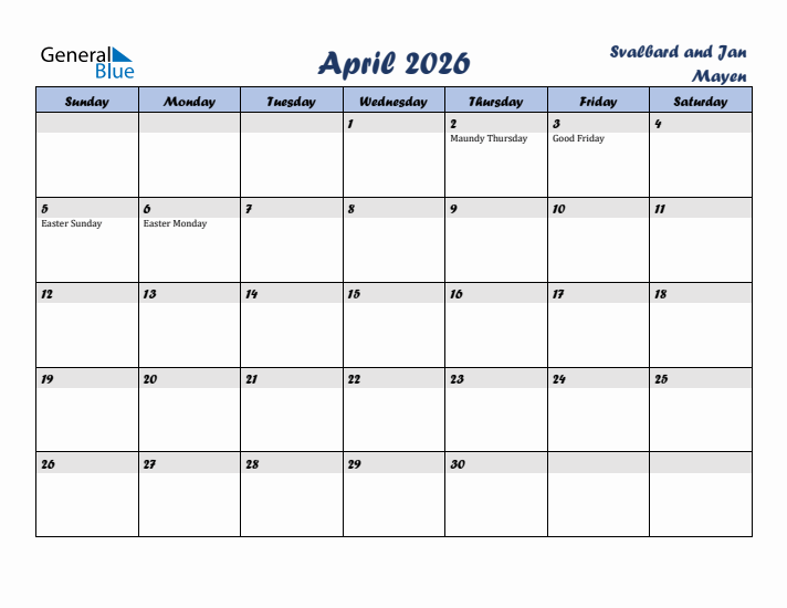 April 2026 Calendar with Holidays in Svalbard and Jan Mayen
