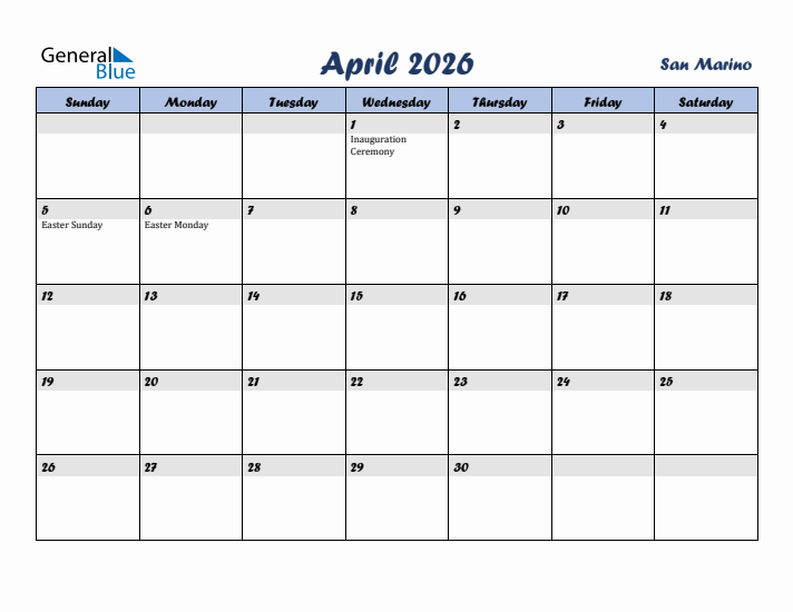April 2026 Calendar with Holidays in San Marino