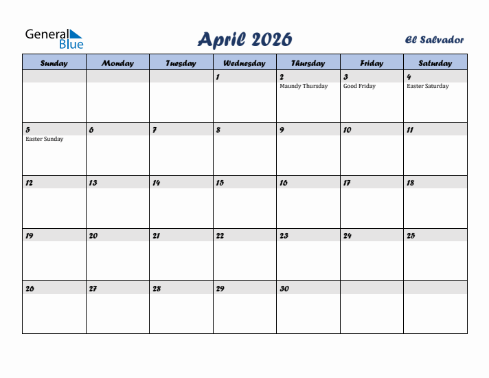 April 2026 Calendar with Holidays in El Salvador