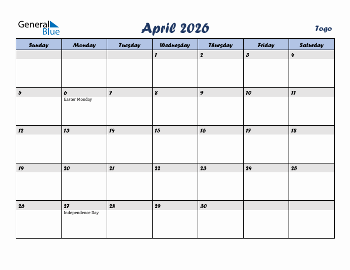 April 2026 Calendar with Holidays in Togo