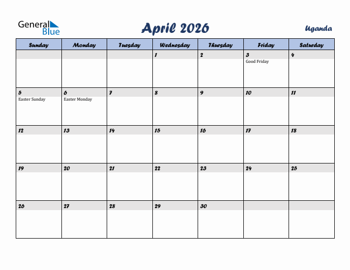 April 2026 Calendar with Holidays in Uganda