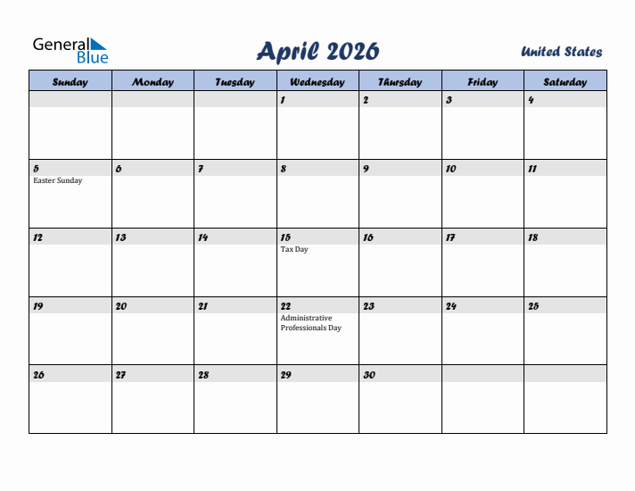 April 2026 Calendar with Holidays in United States