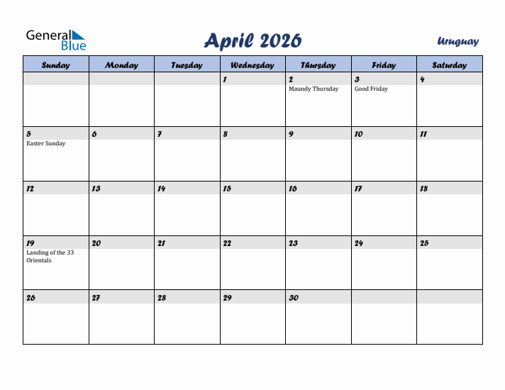 April 2026 Calendar with Holidays in Uruguay