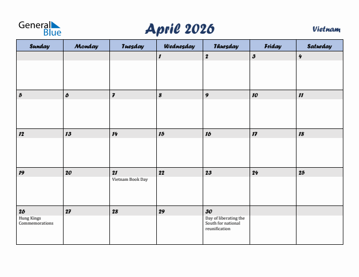 April 2026 Calendar with Holidays in Vietnam