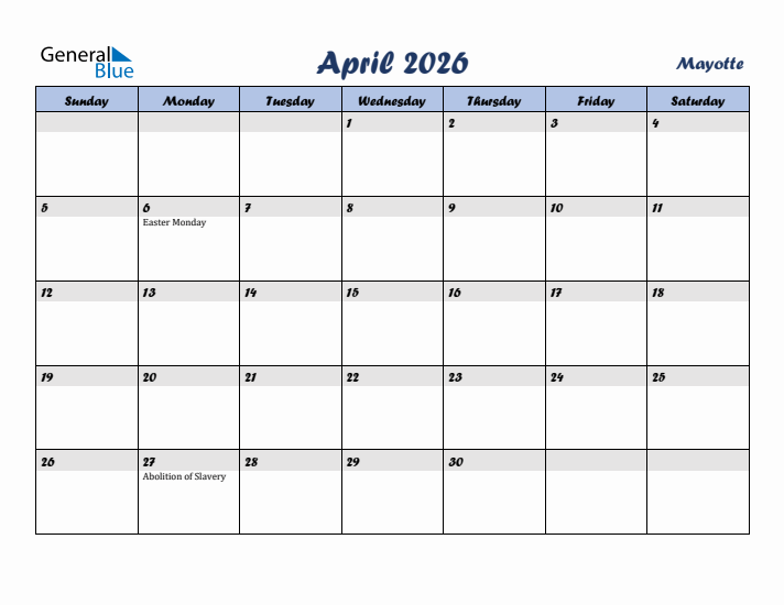 April 2026 Calendar with Holidays in Mayotte