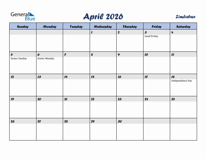 April 2026 Calendar with Holidays in Zimbabwe