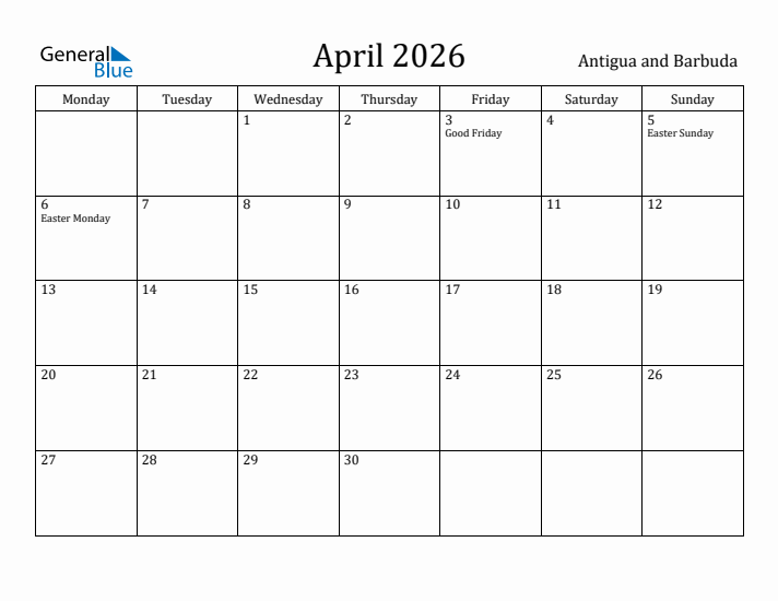 April 2026 Calendar Antigua and Barbuda