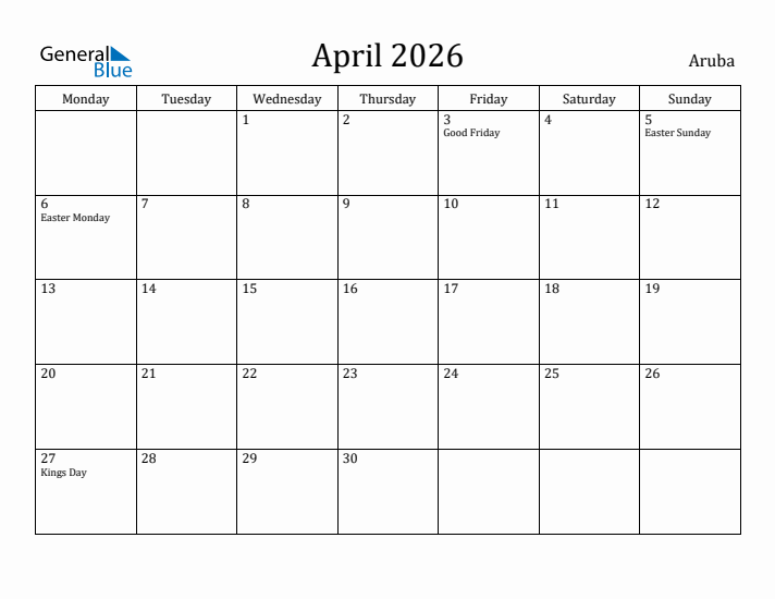 April 2026 Calendar Aruba