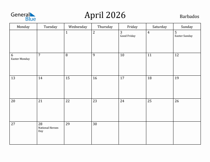 April 2026 Calendar Barbados