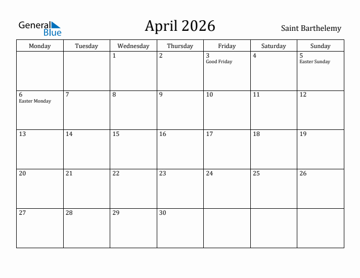 April 2026 Calendar Saint Barthelemy
