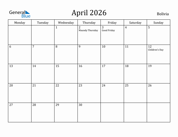 April 2026 Calendar Bolivia