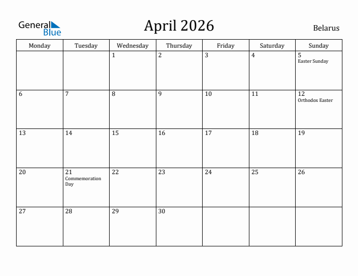 April 2026 Calendar Belarus