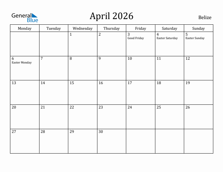 April 2026 Calendar Belize