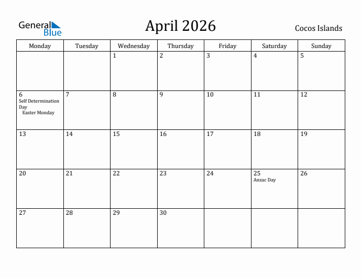 April 2026 Calendar Cocos Islands