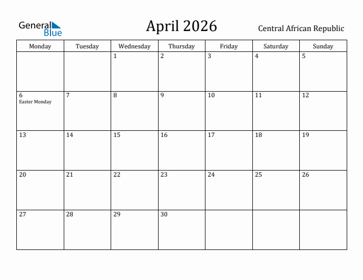 April 2026 Calendar Central African Republic