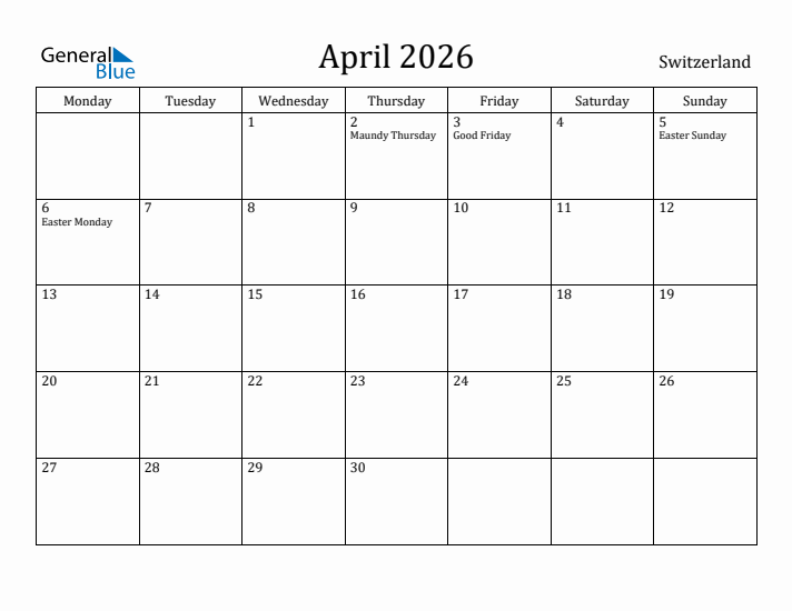 April 2026 Calendar Switzerland