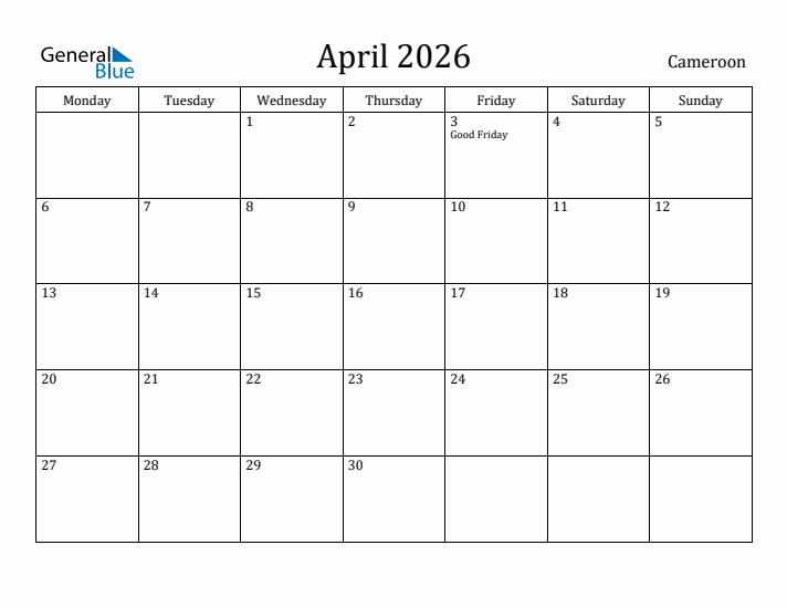 April 2026 Calendar Cameroon