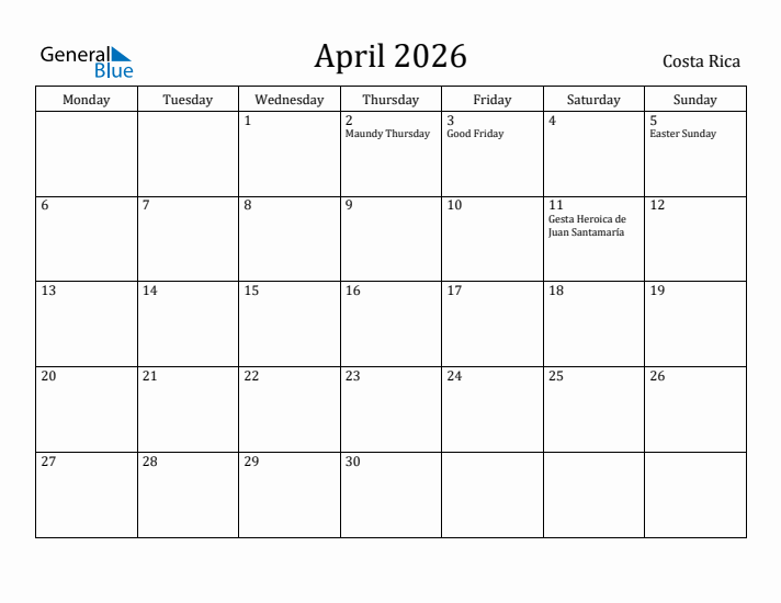 April 2026 Calendar Costa Rica