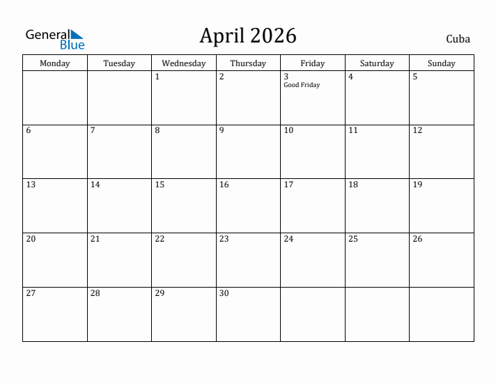 April 2026 Calendar Cuba