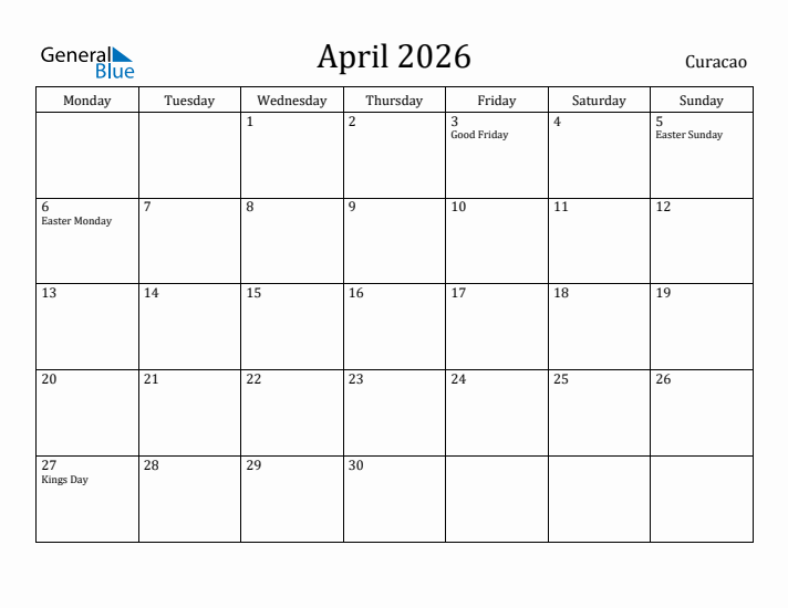 April 2026 Calendar Curacao