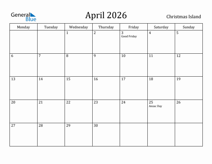 April 2026 Calendar Christmas Island