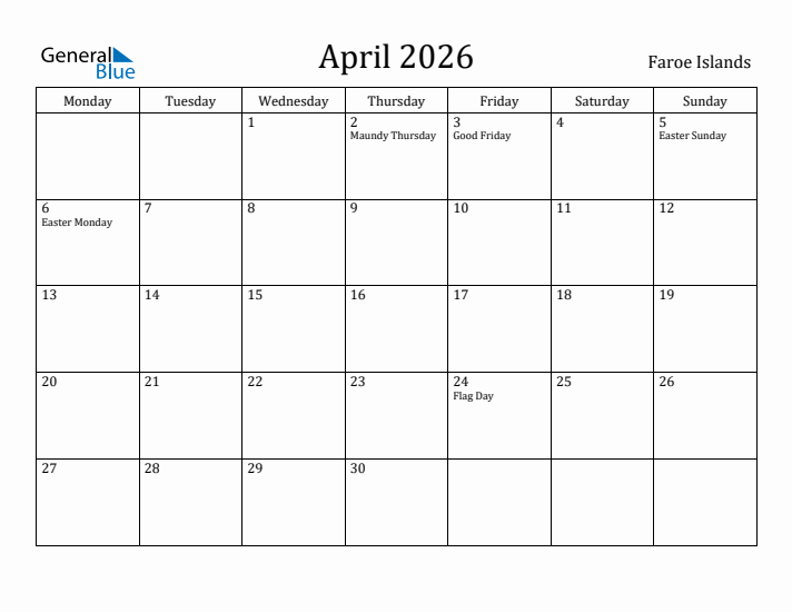 April 2026 Calendar Faroe Islands