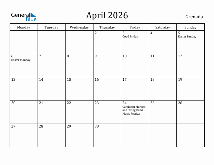 April 2026 Calendar Grenada