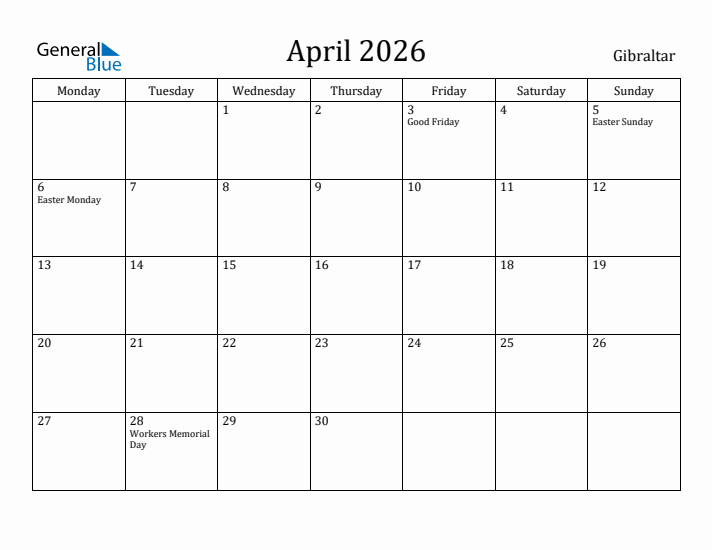 April 2026 Calendar Gibraltar