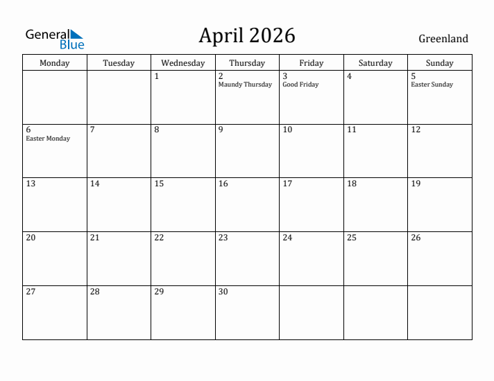 April 2026 Calendar Greenland