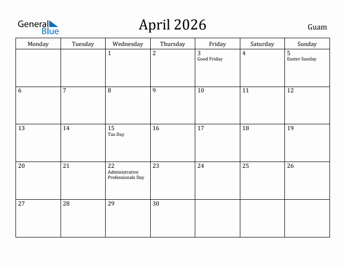 April 2026 Calendar Guam