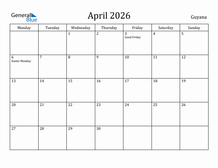 April 2026 Calendar Guyana