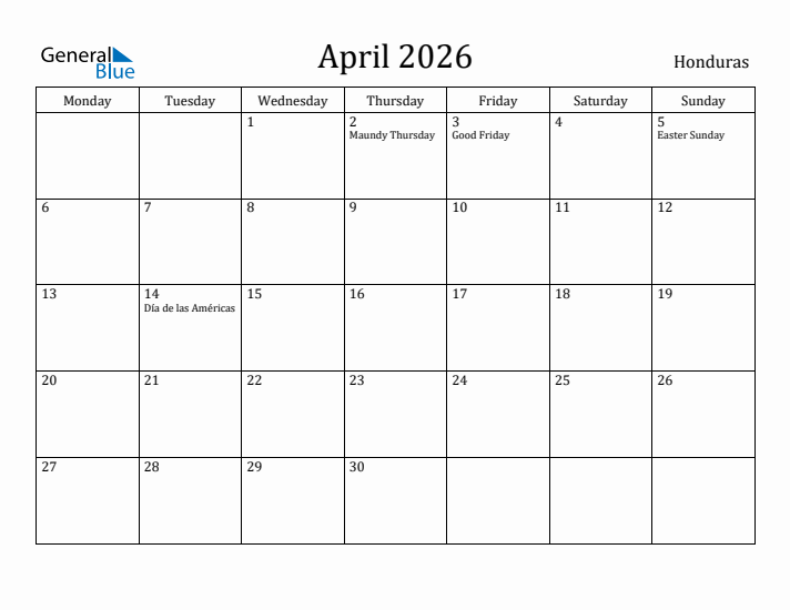 April 2026 Calendar Honduras