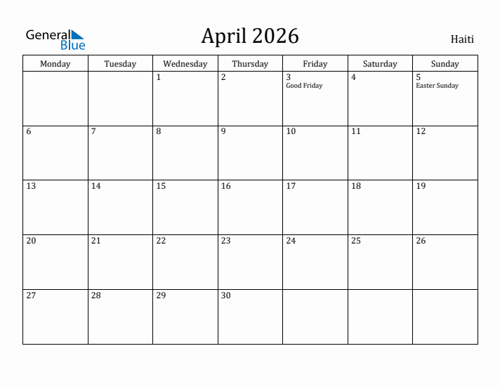 April 2026 Calendar Haiti