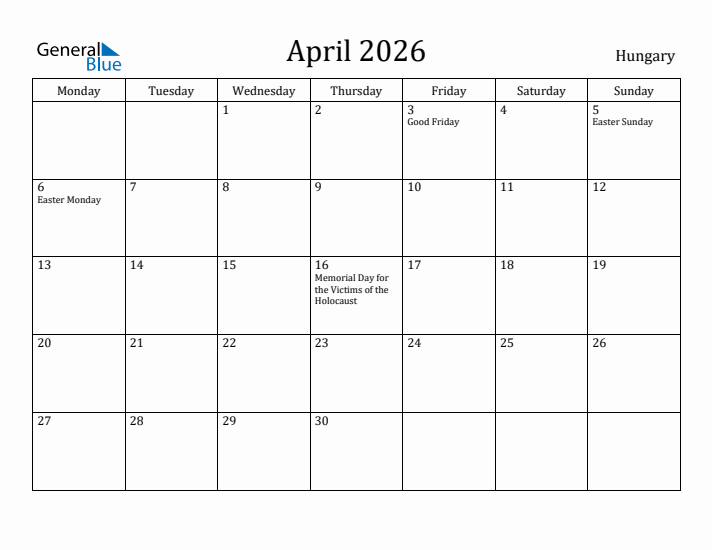 April 2026 Calendar Hungary