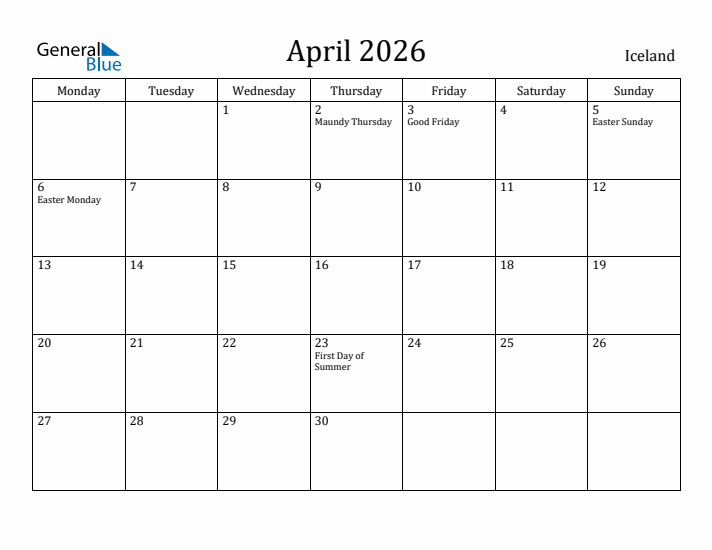 April 2026 Calendar Iceland