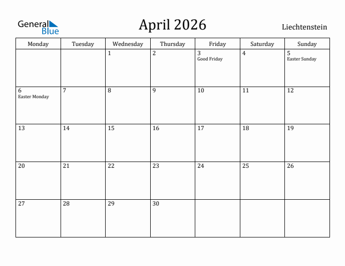 April 2026 Calendar Liechtenstein