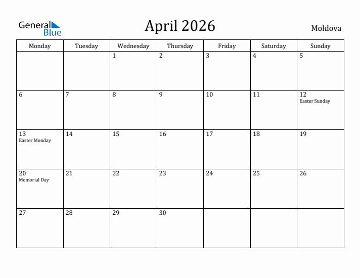 April 2026 Calendar Moldova