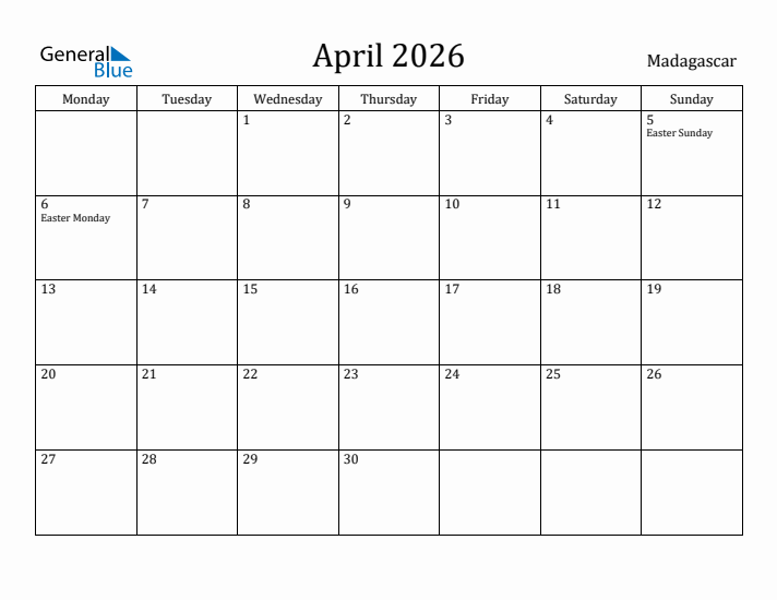 April 2026 Calendar Madagascar