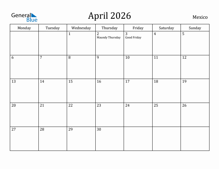 April 2026 Calendar Mexico