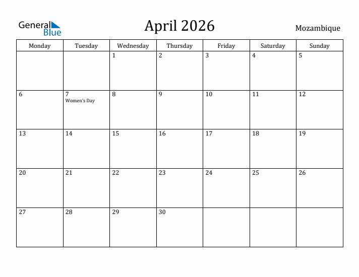 April 2026 Calendar Mozambique