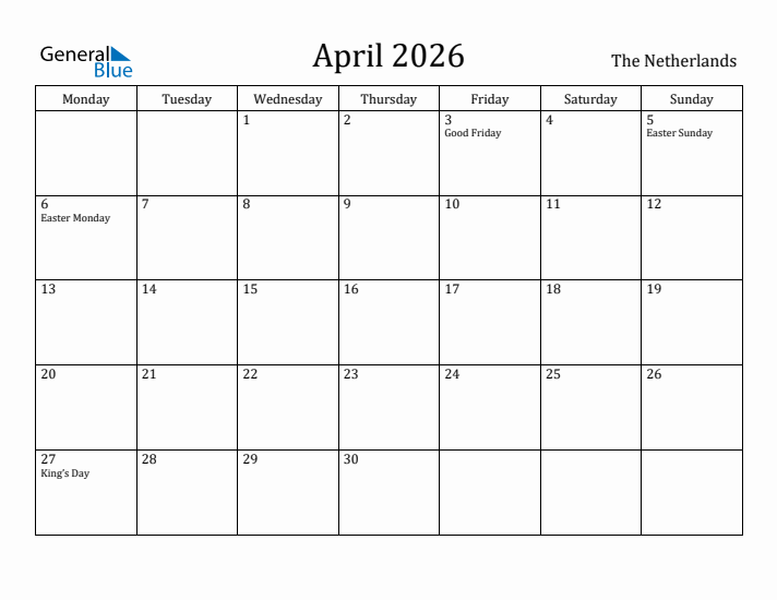 April 2026 Calendar The Netherlands