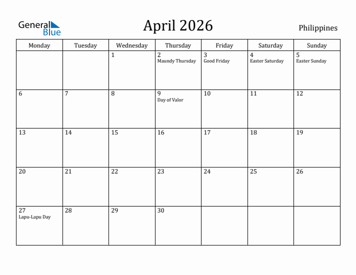 April 2026 Calendar Philippines