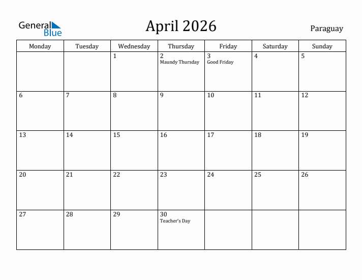 April 2026 Calendar Paraguay