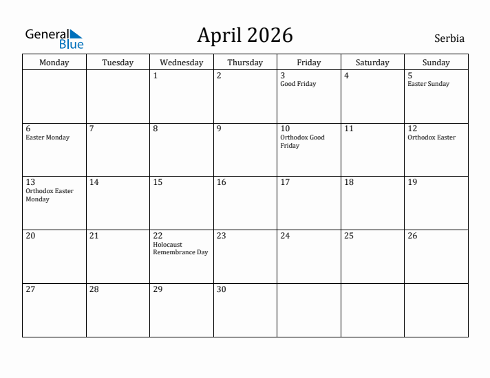 April 2026 Calendar Serbia