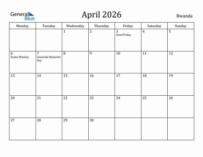 April 2026 Calendar Rwanda