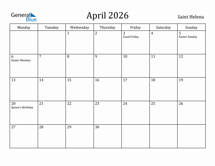 April 2026 Calendar Saint Helena