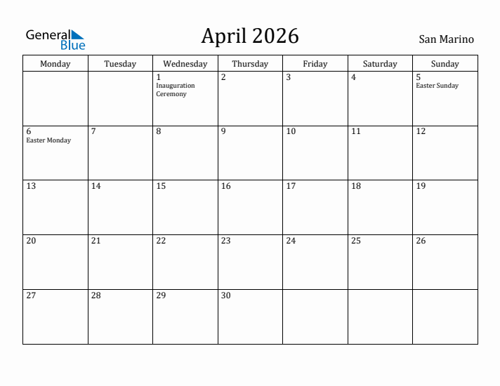 April 2026 Calendar San Marino