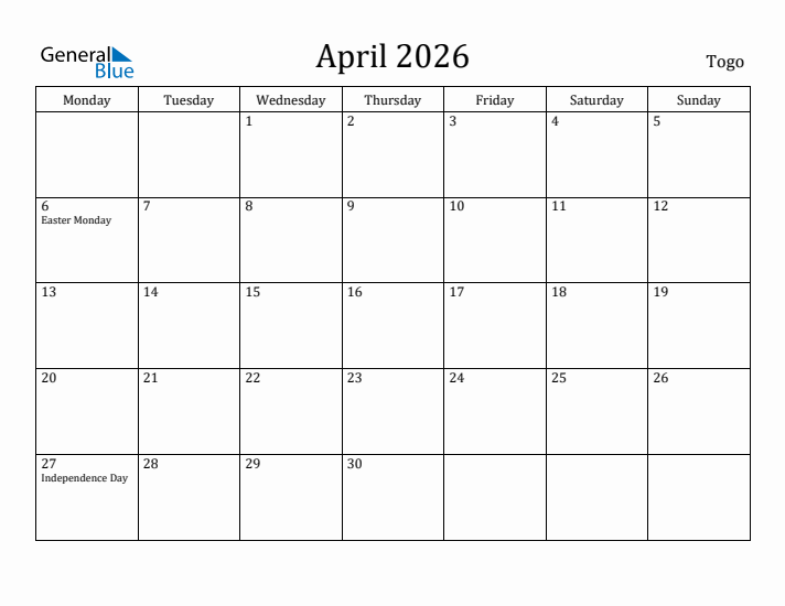 April 2026 Calendar Togo