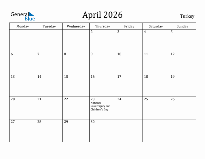 April 2026 Calendar Turkey